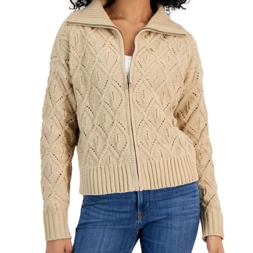 Crave Fame Cream Tan Cable Knit Zip-Up Cardigan Sweater size‎ XL